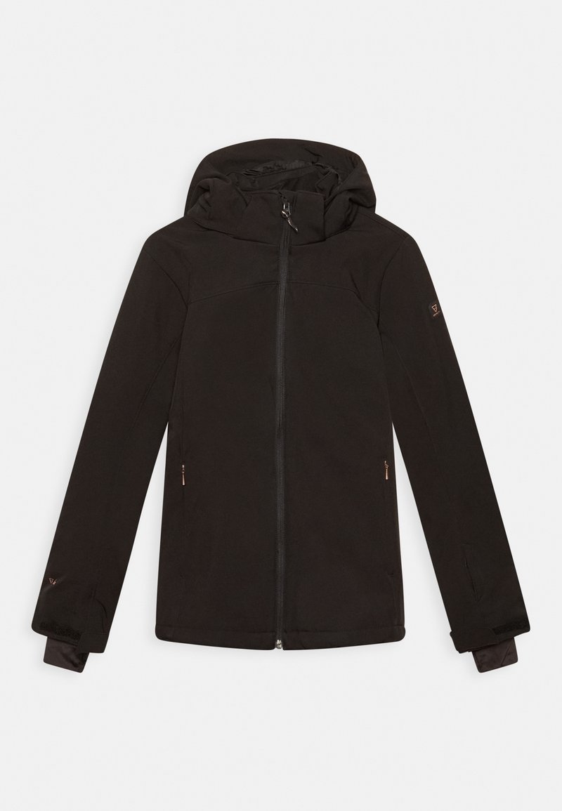Veste softshell noire à capuche avec fermeture éclair intégrale à l'avant, poches latérales zippées et poignets ajustables, posée à plat sur un fond blanc.