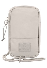 Light gray fabric crossbody bag with a smooth texture, zip closure, front pocket, and branded patch. Includes an adjustable strap.