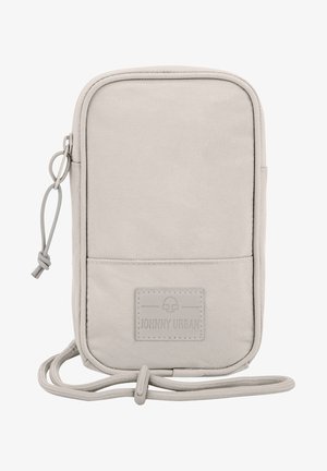 Light gray fabric crossbody bag with a smooth texture, zip closure, front pocket, and branded patch. Includes an adjustable strap.