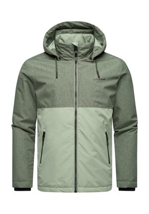 Groene jas van gestructureerd materiaal met een two-tone ontwerp. Hij heeft een capuchon, ritszakken en een aansluitende manchet.