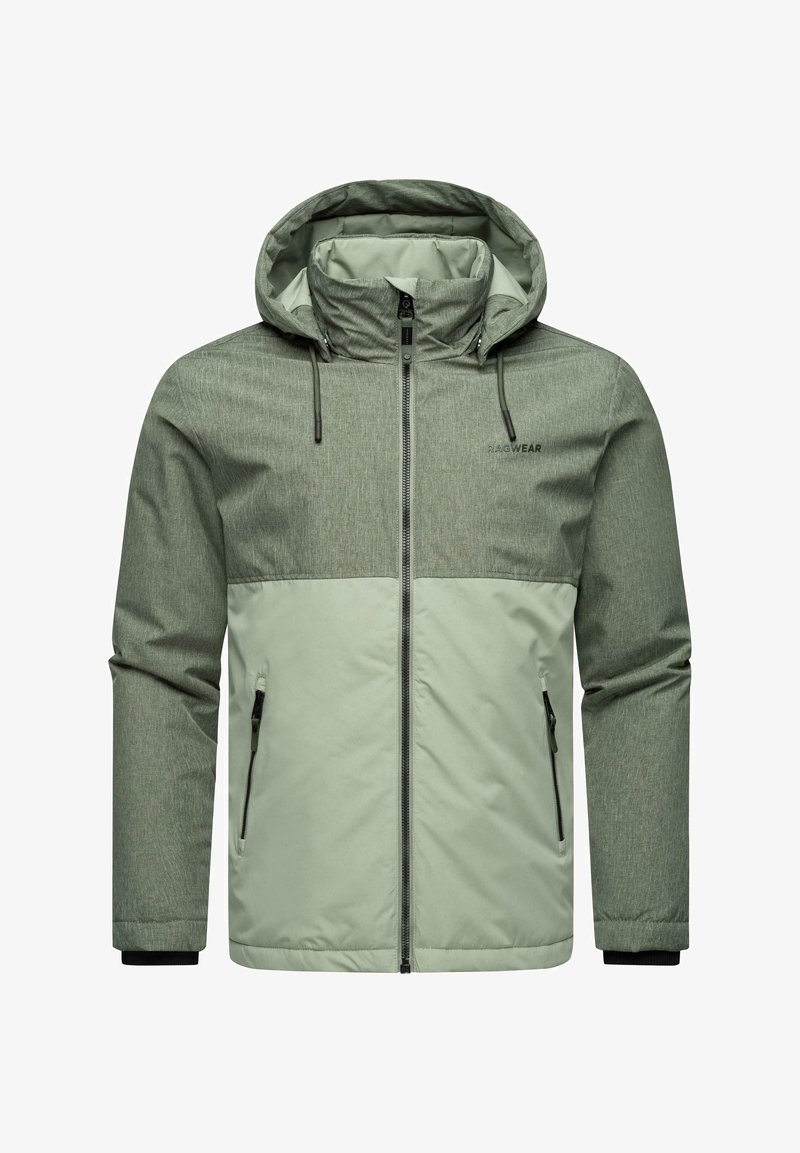 Zelena jakna z teksturiranim materialom in dvobarvnim dizajnom. Ima kapuco, žep z zadrgo in prilegajoče manšete.