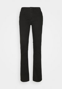 Jeans de mezclilla negra acampanados con cintura ajustada, bolsillos frontales y diseño clásico de cinco bolsillos. Textura suave con una apariencia limpia y minimalista.