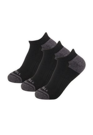 Trois paires de chaussettes noires basses avec talons et orteils gris, disposées côte à côte sur un fond blanc.