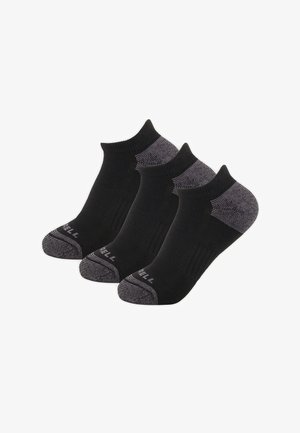 Trois paires de chaussettes noires basses avec talons et orteils gris, disposées côte à côte sur un fond blanc.
