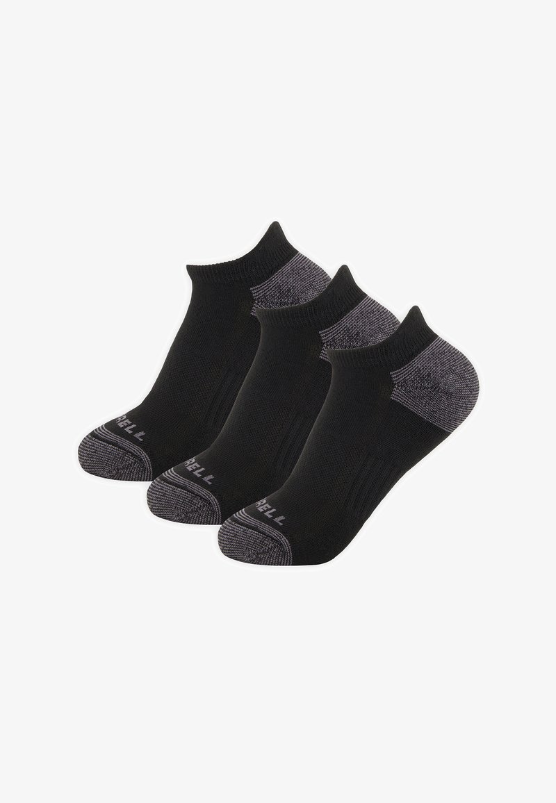 Trois paires de chaussettes noires basses avec talons et orteils gris, disposées côte à côte sur un fond blanc.