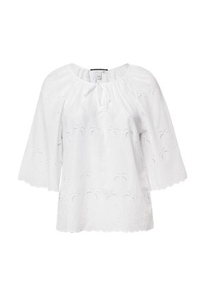 Witte katoenen blouse met een losse pasvorm, ronde halslijn en trekkoord. Bevat geborduurde bloemenpatronen en golvende mouwen.