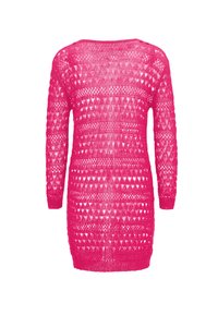 Rosa stickad sweater med ett strukturerat, öppet mönster. Har långa ärmar och rund halsringning, sträcker sig till mitten av låren.