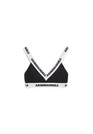 Black bralette with white branding. Features a deep V-neck design, wide straps, and a soft elastic waistband with "ARMEDANGELS" printed.