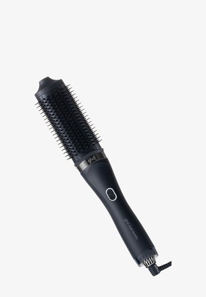 Brosse ronde électrique noire avec poils, bouton d'alimentation sur le manche et cordon d'alimentation attaché pour coiffer les cheveux.