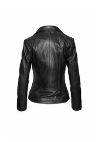 Crna kožna jakna, uski kroj, ovratnik, dugi rukavi, vidljivi šavovi, glatka tekstura, pogled s leđa.