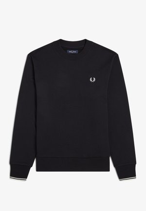 Schwarzes Sweatshirt mit Rundhalsausschnitt und langen Ärmeln, mit gerippten Bündchen und Saum, kleines weißes Lorbeerkranz-Logo auf der linken Brust.