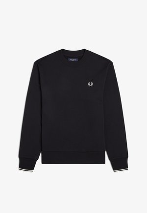 Fekete, hosszú ujjú, kerek nyakú pulóver bordázott mandzsettával és szegéllyel, kis fehér babérkoszorú logó a bal mellkason.