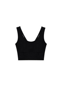 Czarny prążkowany crop top z szerokim dekoltem i grubymi ramiączkami. Posiada fakturowany materiał oraz elastyczny pasek na dole.
