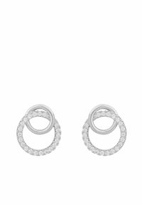 Silverörhängen med två sammankopplade cirkulära former, en med små inlagda rhinestones, slät yta och polerad finish.