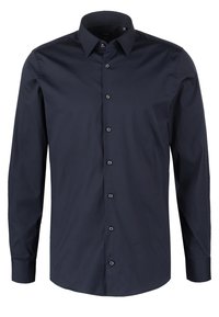 Granatowa koszula z długim rękawem, gładki materiał, kołnierzyk z ostrym zakończeniem, zapięcie na guziki z przodu z kontrastującymi guzikami, proste wykończenie i przeszywane szwy.