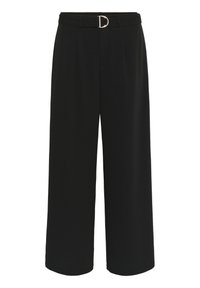 Pantalons noirs à large jambe en tissu lisse, avec une taille ceinturée dotée d'une boucle en forme de D argentée et des plis à l'avant pour plus de détails.