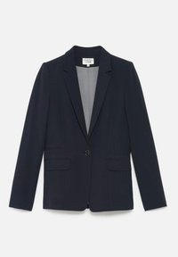 Blazer blu navy con una vestibilità su misura, rever a punta, chiusura con un solo bottone, due tasche frontali e una texture del tessuto liscia.