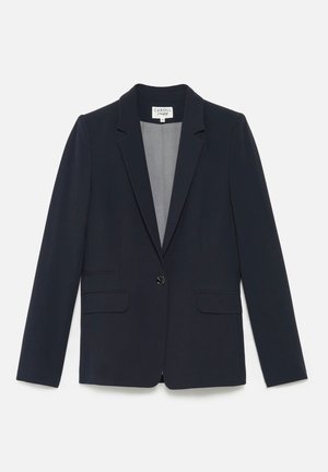 Navy blue blazer with a tailored fit, notch lapels, single button closure, two front pockets, and a smooth fabric texture.