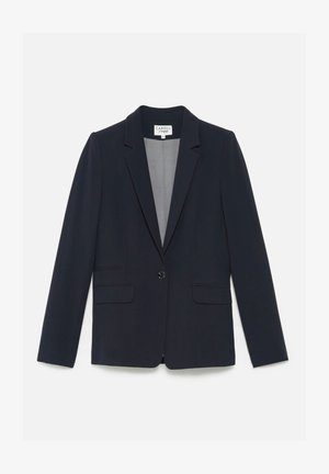 Marineblauwe blazer met een getailleerde pasvorm, notch revers, enkele knoopsluiting, twee voorzakken en een zachte stoftextuur.
