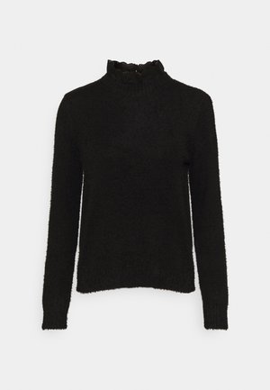 Pull noir à manches longues en tissu duveteux avec un col montant orné de dentelle et des poignets et ourlet côtelés, présenté sur un fond blanc.