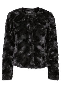 Zwarte nepbontjas met lange mouwen, ronde halslijn en een zachte, gestructureerde oppervlakte. Heeft een sluiting aan de voorkant en geen zichtbare sluitingen.