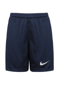 Pantalones cortos deportivos azul marino con cintura elástica y logo de Nike en blanco en la parte inferior de la pierna derecha.