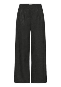 Pantaloni neri a gamba larga realizzati in tessuto strutturato leggermente lucido; dotati di vita alta e pieghe anteriori per un dettaglio in più.