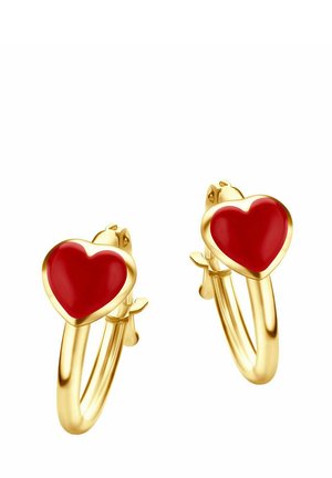 Orecchini a cerchio in oro con accenti a forma di cuore rossi, finitura lucida, chiusura sicura e superficie liscia, che mettono in risalto un design giocoso.