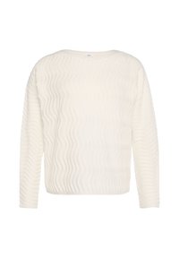 Pull blanc à manches longues avec un motif texturé ondulant, un col rond et un tissu doux. L'ourlet est droit sans quincaillerie visible.