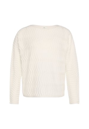Witte lange mouwen sweater met een getextureerd golvend patroon, ronde halslijn en zachte stof. De zoom is recht zonder zichtbare hardware.