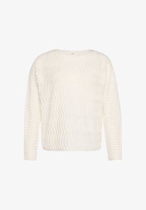 Suéter blanco de manga larga con un patrón ondulado texturizado, cuello redondo y tejido suave. El dobladillo es recto sin herrajes visibles.