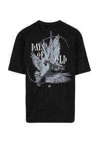 Tricou negru din bumbac cu un grafic de pasăre gri și textul "ZILELE VECI" pe spate. Mâneci scurte și un design lejer.