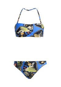 Bikini set featuring a butterfly print on a blue background. The top is strapless with a form-fitting design, and the bottoms are classic brief style.
