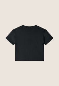 T-shirt nera corta con maniche corte, collo rotondo, texture liscia e senza design o dettagli visibili sul retro.