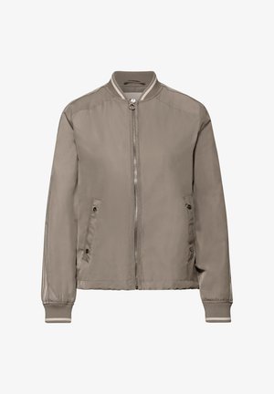 Veste bomber taupe avec fermeture éclair frontale, deux poches à boutons, col et poignets côtelés avec détails de bandes blanches sur les manches et les poignets.