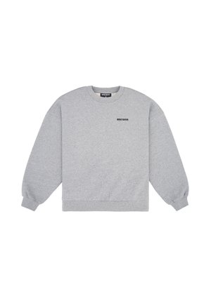 Grauer Rundhals-Sweatshirt mit langen Ärmeln, gerippten Bündchen und Saum, mit dem schwarzen Text "WRSTBHVR" auf der Brust. Weiches Material aus Baumwollmix.