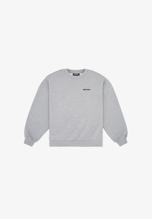 Szary sweter typu crewneck z długimi rękawami, ściągaczami przy mankietach i u dołu. Na piersi znajduje się czarny napis "WRSTBHVR". Wykonany z miękkiego materiału bawełnianego.