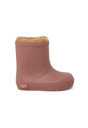 Bottes en caoutchouc couleur rose poussiéreux, avec une doublure en fausse fourrure douce, une semelle texturée et un logo embossé sur le côté.