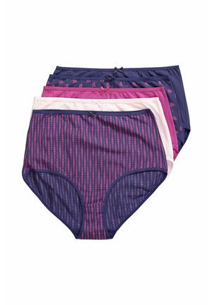Cuatro braguitas de talle alto para mujer en azul marino con puntos rosas, rosa sólido, rosa claro y azul marino con pequeños estampados florales rosas, cada una con un pequeño lazo.