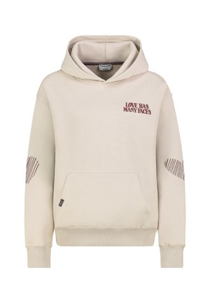 Beige hoodie with front pocket, brown text "LOVE HAS MANY FACES" on chest, and brown heart-shaped elbow patches on sleeves.
