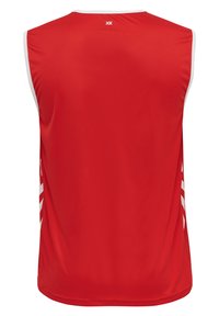 Rød ærmeløs sportsjersey lavet af glat, let stof. Har hvide vandrette striber og en rund halsudskæring.