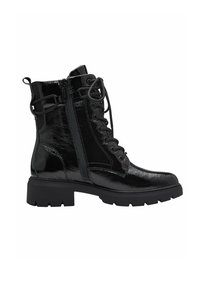 Black patent leather ankle boots with a rugged sole. Features include laces, side zippers, and a textured finish. Robust and durable design.