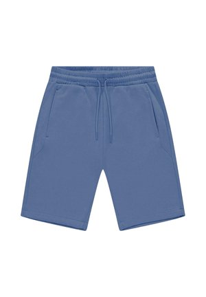Blauwe katoenen shorts met een elastische tailleband, trekkoordsluiting en twee zijzakken. Soepele textuur, knielengte.