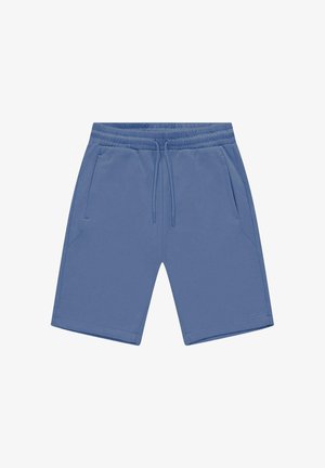 Blauwe katoenen shorts met een elastische tailleband, trekkoordsluiting en twee zijzakken. Soepele textuur, knielengte.