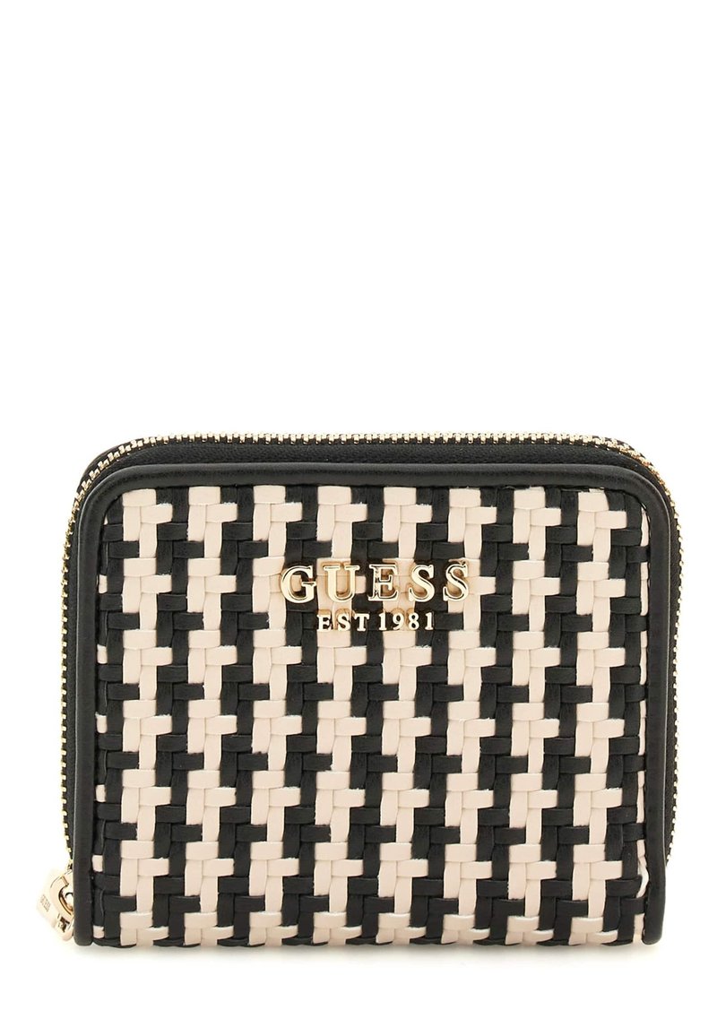 Portafoglio intrecciato con motivo nero e beige, logo dorato e chiusura zip con rifiniture in pelle a contrasto. Dimensioni non specificate.