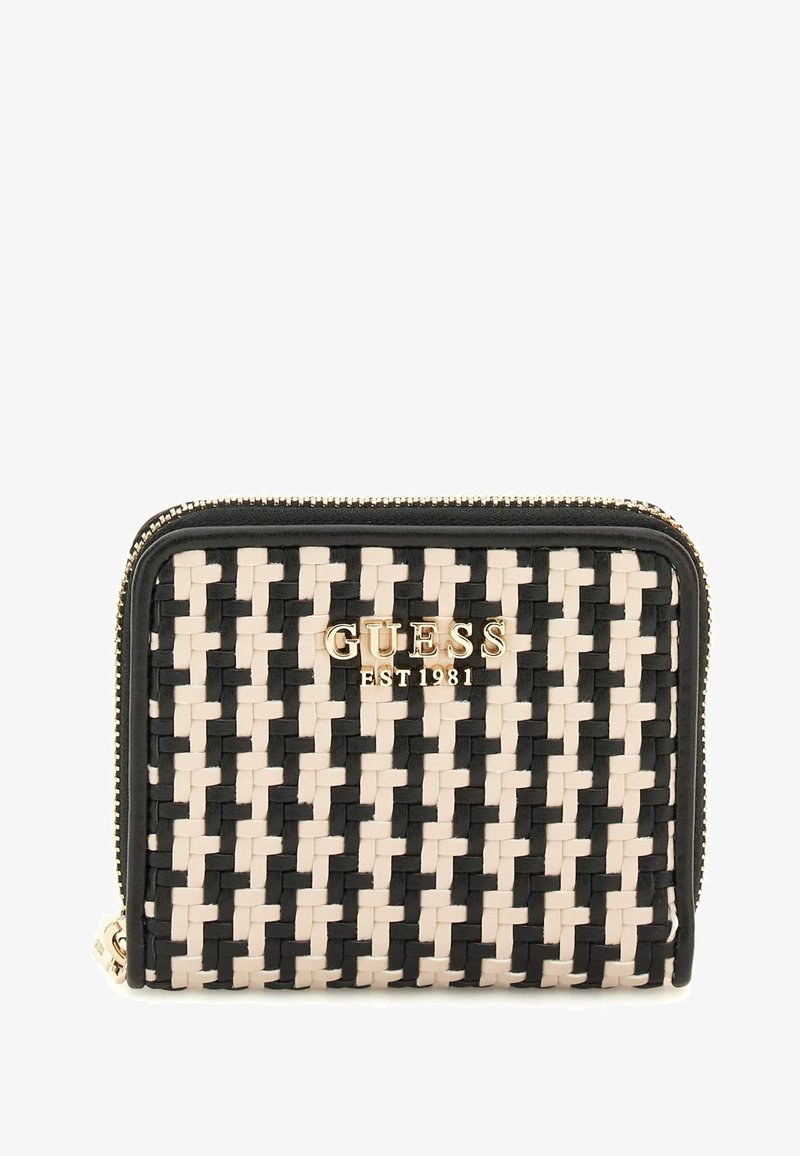 Woven wallet featuring a black and beige pattern, gold logo, and zip closure with contrasting leather trim. Dimensions not specified.