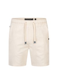 Helle Beige Shorts aus strukturiertem Baumwollstoff, mit einem elastischen Bund und Kordelzug, seitlichen Taschen und einem kleinen Logo-Tag.