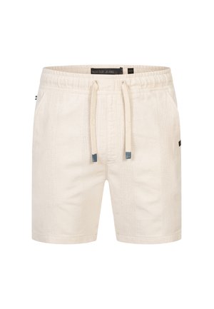 Shorts beige clair en coton texturé, dotés d'une taille élastique avec cordon de serrage, de poches latérales et d'une petite étiquette logo.