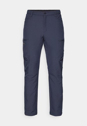 Pantaloni cargo navy confecționați dintr-un material ușor, cu două buzunare laterale cu fermoar, un talie standard și un design cu picior drept.