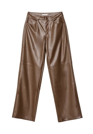 Brown wide-leg faux leather pants with front pockets, belt loops, and seam details across the knees, laid flat on a white background.